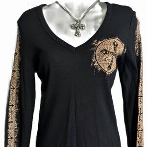New Vocal Apparel Black Studded Cross Long Sleeve Shirt Size XL Biker